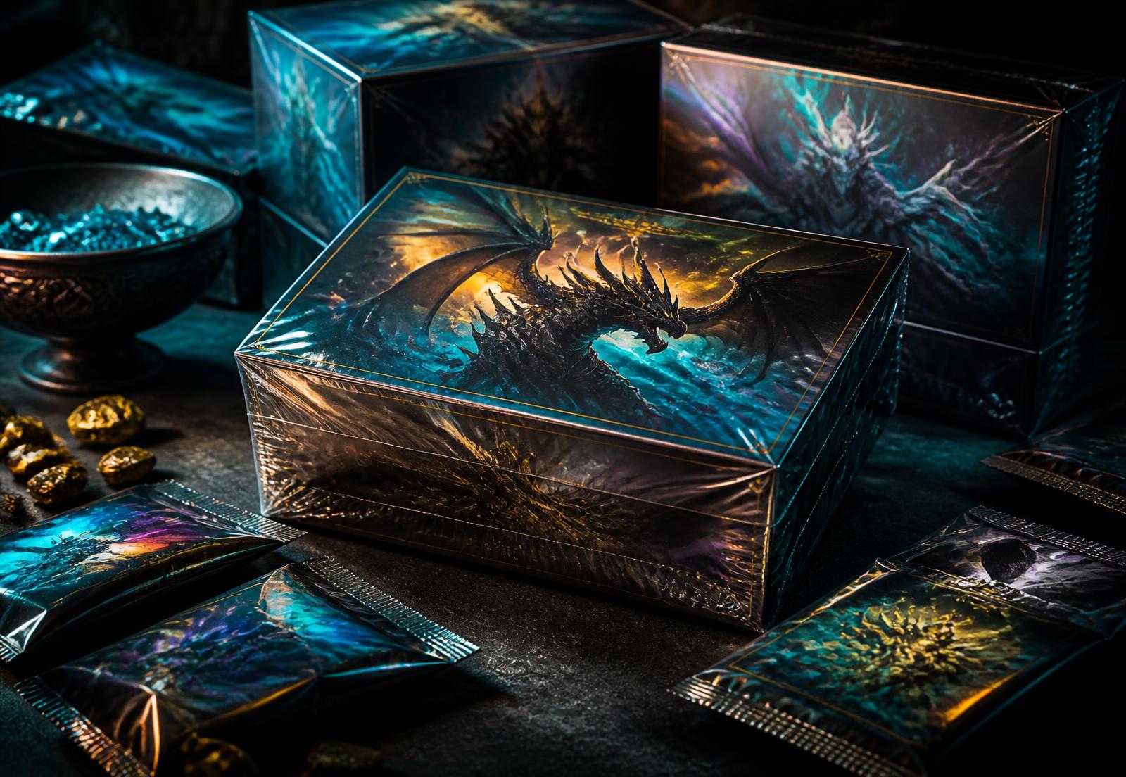 Sealed trading card booster boxes and packs on a dark surface